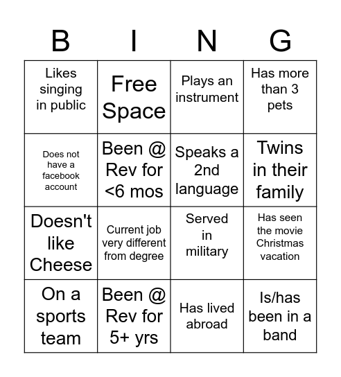 Get to know your Rev Coworkers Bingo Card