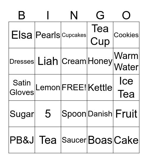 Liah's Tea Party Bingo Card