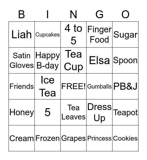 Liah's Tea Party Bingo Card