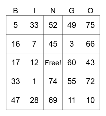 Number Bingo 1-75 Bingo Card