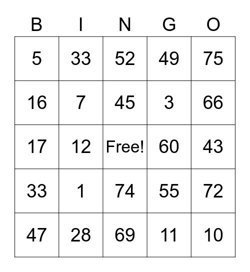 Number Bingo 1-75 Bingo Card