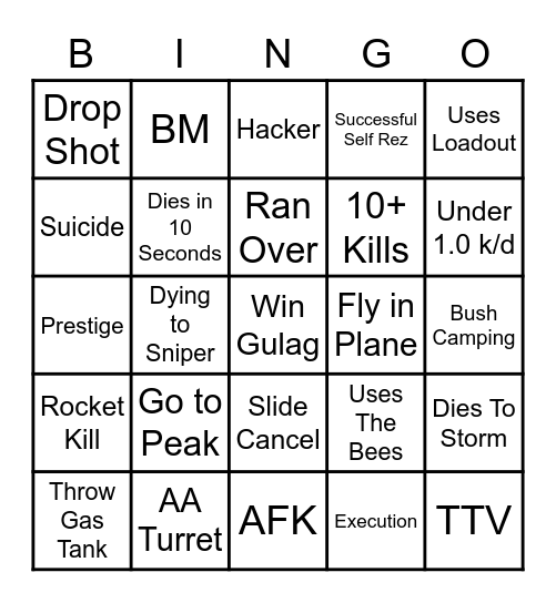 Puffer Warzone Bingo Card