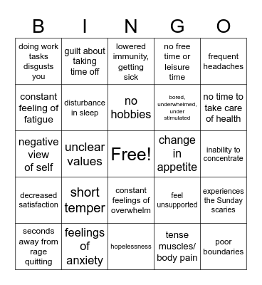 It’s giving burnout Bingo Card