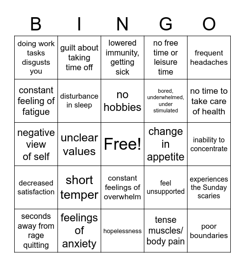 It’s giving burnout Bingo Card