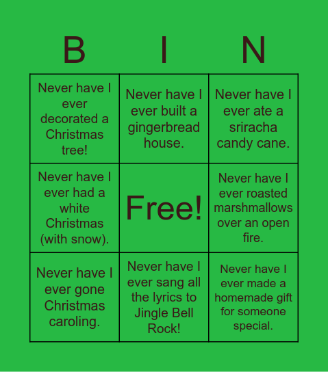 Never have I ever BIN! Bingo Card