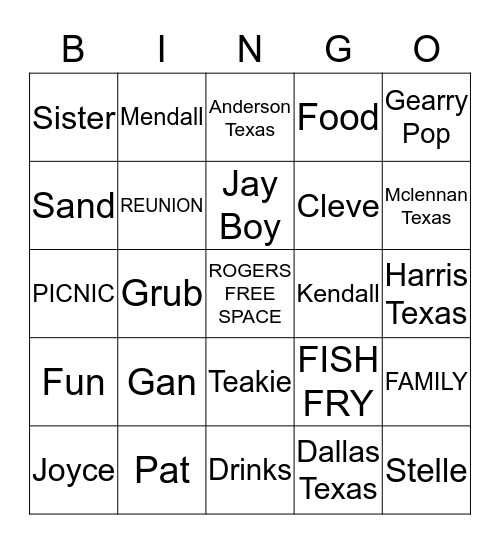 Calvin and Stelle Rogers Reunion Bingo Card