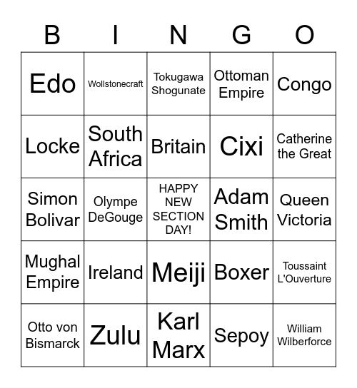 NEW SECTION DAY BINGO Card
