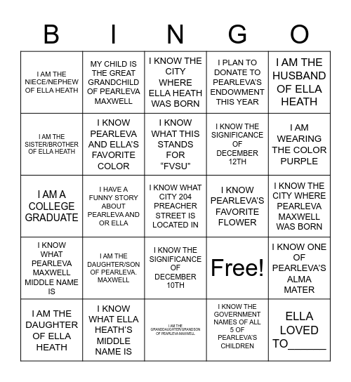 P & E BINGO Card