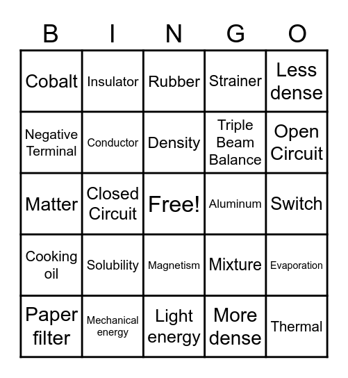 Matter and Energy! Bingo Card