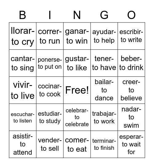 Spanish Verbs Bingo Card