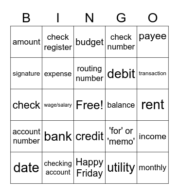 Budget and Banking Bingo Card