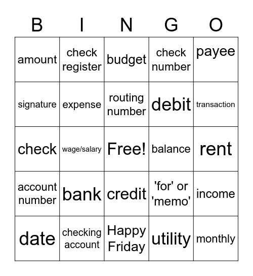 Budget and Banking Bingo Card