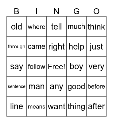 Sight Words Bingo Card