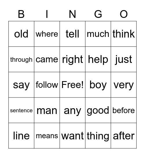 Sight Words Bingo Card