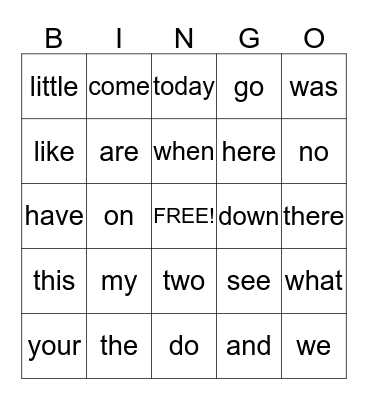 Kindergarten Sight Words Bingo Card