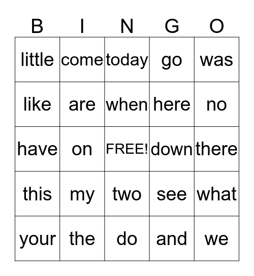 Kindergarten Sight Words Bingo Card