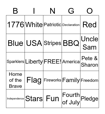 Fourth of July Bingo Card