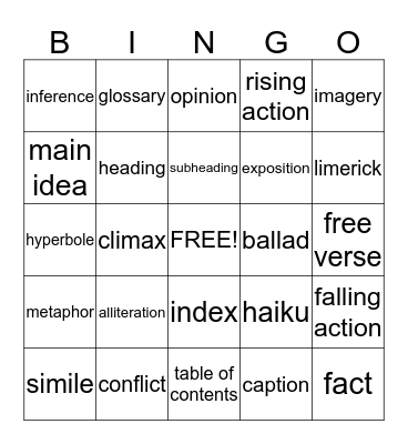 Reading Definitions Bingo Card