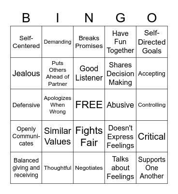 Relationship BINGO Card