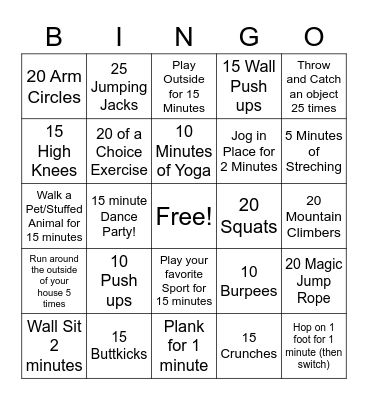 Fitness Bingo Card