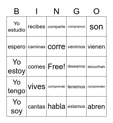 Spanish Verbs Bingo Card
