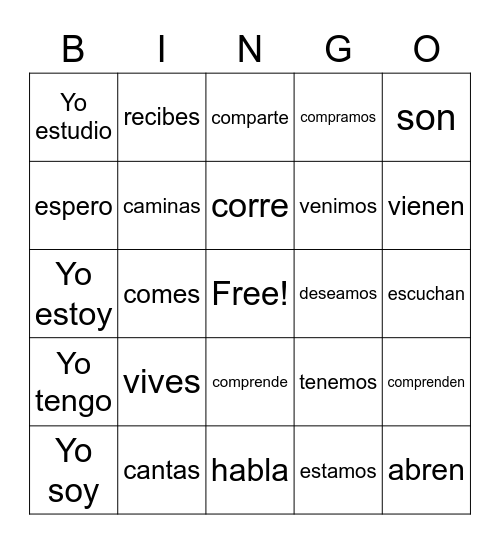 Spanish Verbs Bingo Card
