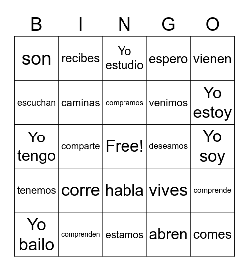 Spanish Verbs Bingo Card