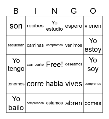 Spanish Verbs Bingo Card