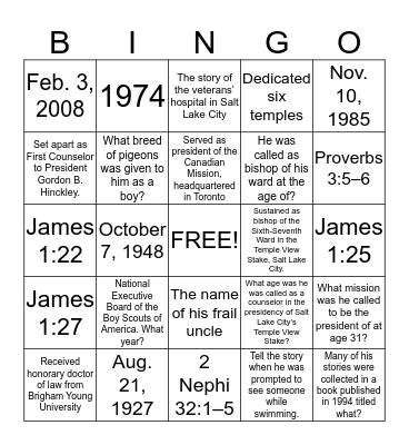 President Thomas S.Monson Bingo Card