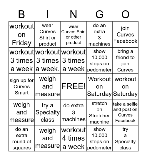 Curves Bingo Card