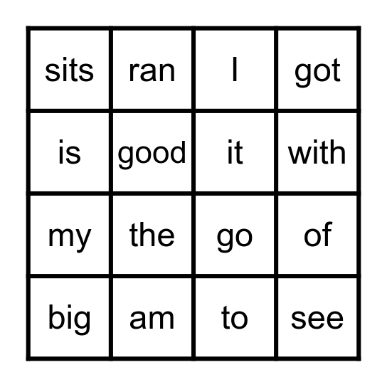 Sight Word Bingo Card