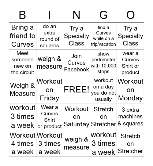 Curves Bingo Card