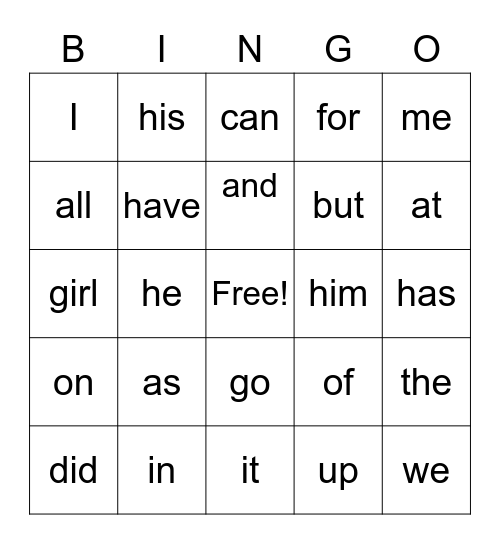 Kindergarten Word Bingo Card