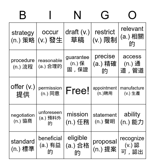 TOEIC Review Bingo Card