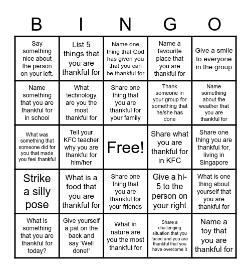 KFC Thankful Bingo Card