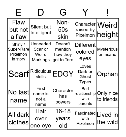 Toro's Edgy Character Bingo Card