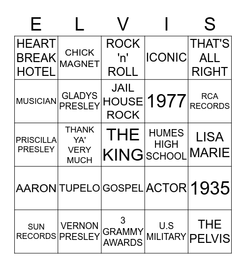 ELVIS PRESLEY Bingo Card