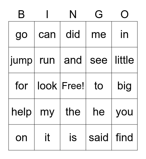 Sight Word Bingo-1 Bingo Card