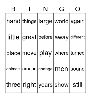 Sight Words Bingo Card