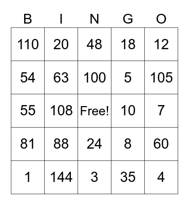 Multiplication Bingo Card