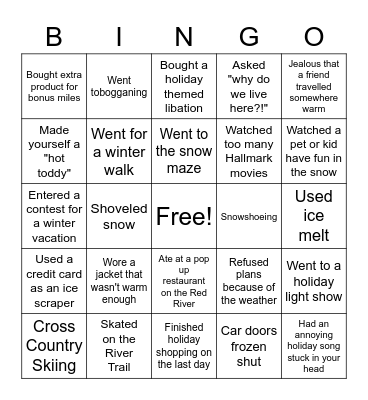 Winnipeg Winter Activities Bingo Card