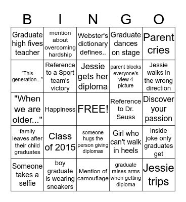 Jessie's Graduation Bingo Card