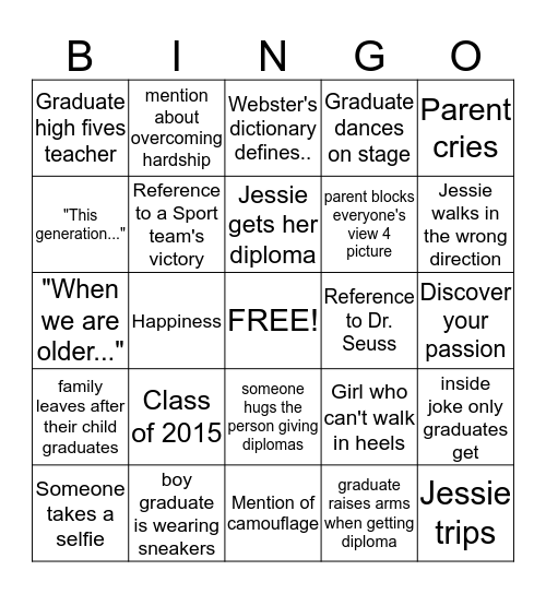Jessie's Graduation Bingo Card