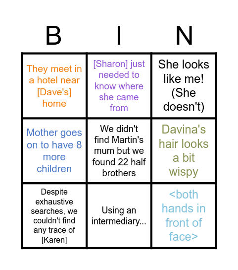 Long Lost Family Bingo Card