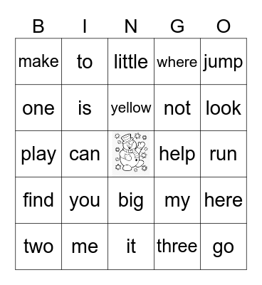 Sight Word Bingo Card