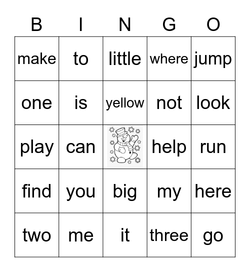 Sight Word Bingo Card
