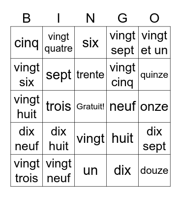 French Number Bingo Card