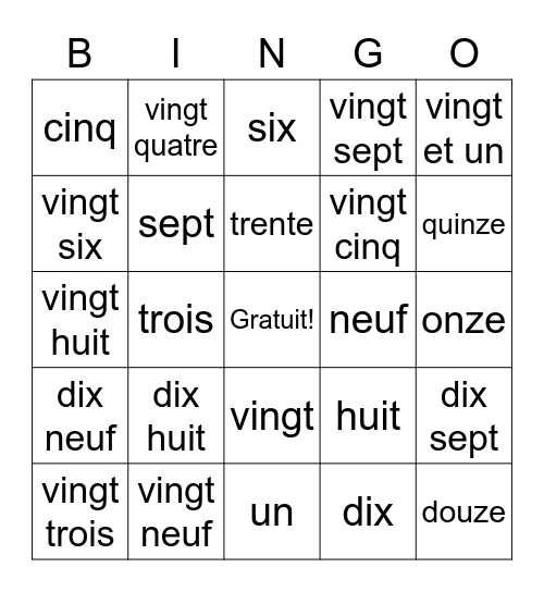 French Number Bingo Card