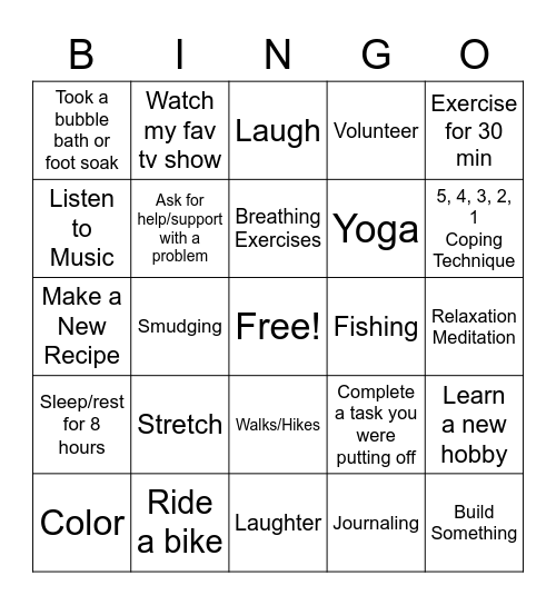 Stress managemnet Bingo Card
