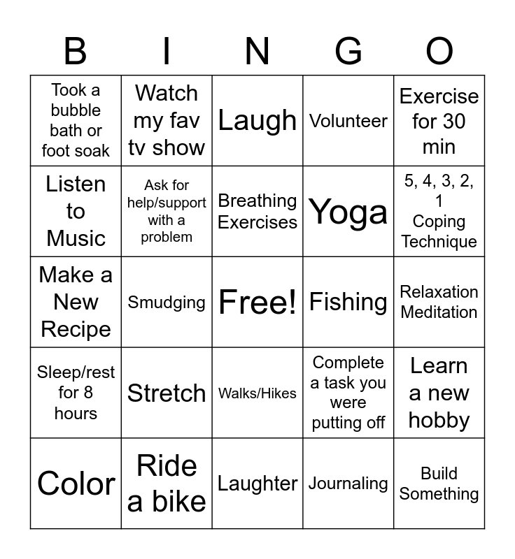 Stress managemnet Bingo Card